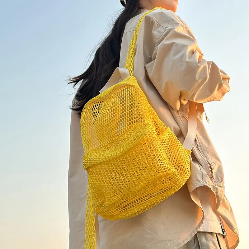 Pure Color Large Capacity Summer Hollow Mesh Beach Bag for Travel Lightweight and Casual Backpack for Women