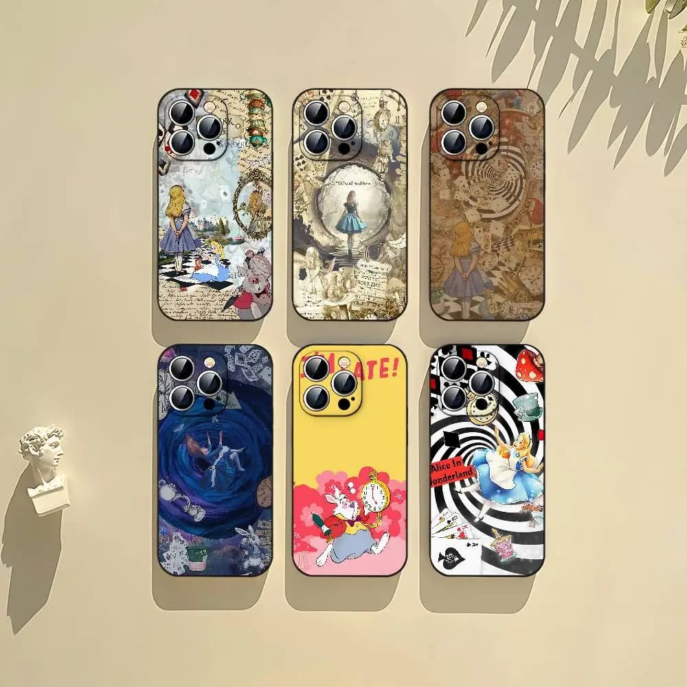 Cover per Telefono Alice nel Paese delle Meraviglie Nera Compatibile con iPhone 17,16,15,11,13,14 Pro Max, Plus, X, Xr, Xs Max, 13 Mini