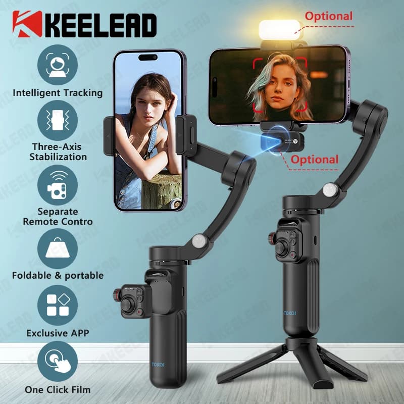 TOKQI 3 axis portable cardanic stabilizer for IPhone smartphones Anti-vibration video recording for Android mobile phone, with wireless remote control