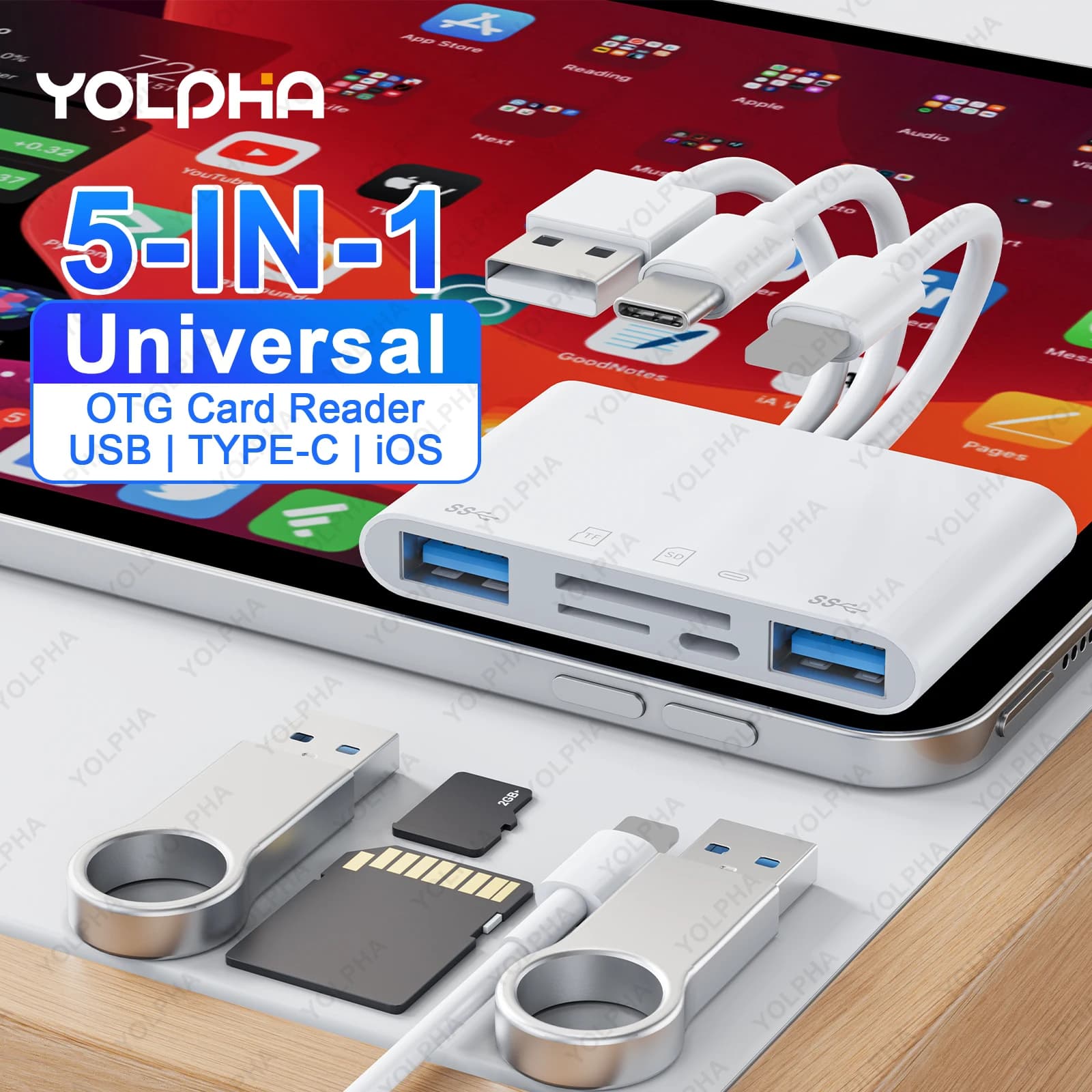 Lettore di schede di memoria 5 in 1 USB OTG per iPhone, iPad e dispositivi USB-C/A, supporta slot Micro SD, SD, SDHC, SDXC, MMC