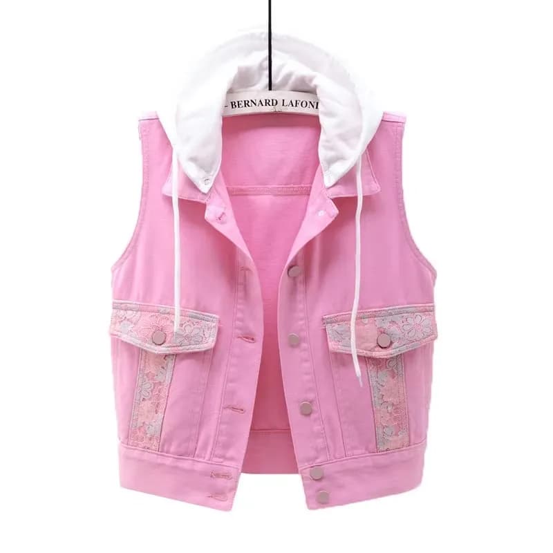 Women Denim Vest New Spring Summer Jacket Lace Pocket Detachable Hooded Short Sleeveless Waistcoat Female Pink Cowboy Vest Tops