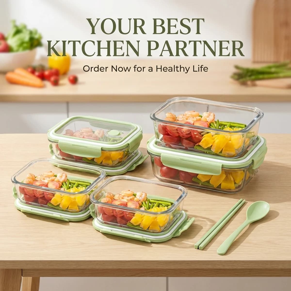 Set di Contenitori in Vetro Verde Matcha per Pranzo, Ermetici e Antisgocciolamento, Adatti al Microonde, Senza Divisori, per Preparazione Pasti, Insalate, Frutta