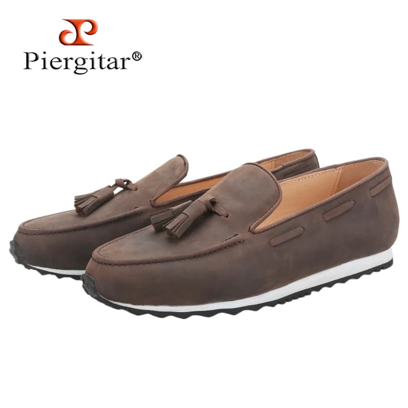 Piergitar Imported From Italy Crazy Horse Leather Men's Pop Shoes Handmade Tassels Slip-On Chunky Sneakers Non-Slip Rubber Sole