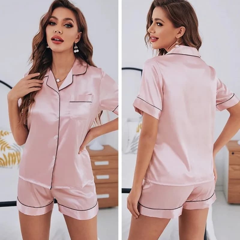 Pigiama estivo Set Indumenti da notte da donna Top e pantaloncini a maniche corte abbottonati in raso di seta Abbigliamento da casa in due pezzi