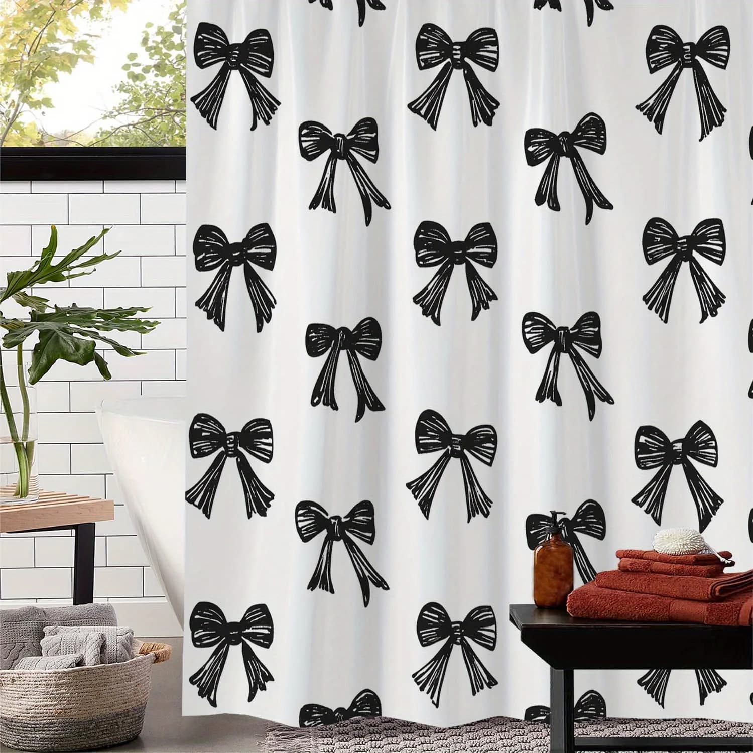 Elegante tenda da doccia con stampa fiocco nero - Poliestere, 12 occhielli, lavabile in lavatrice, design artistico per l'arredamento del bagno