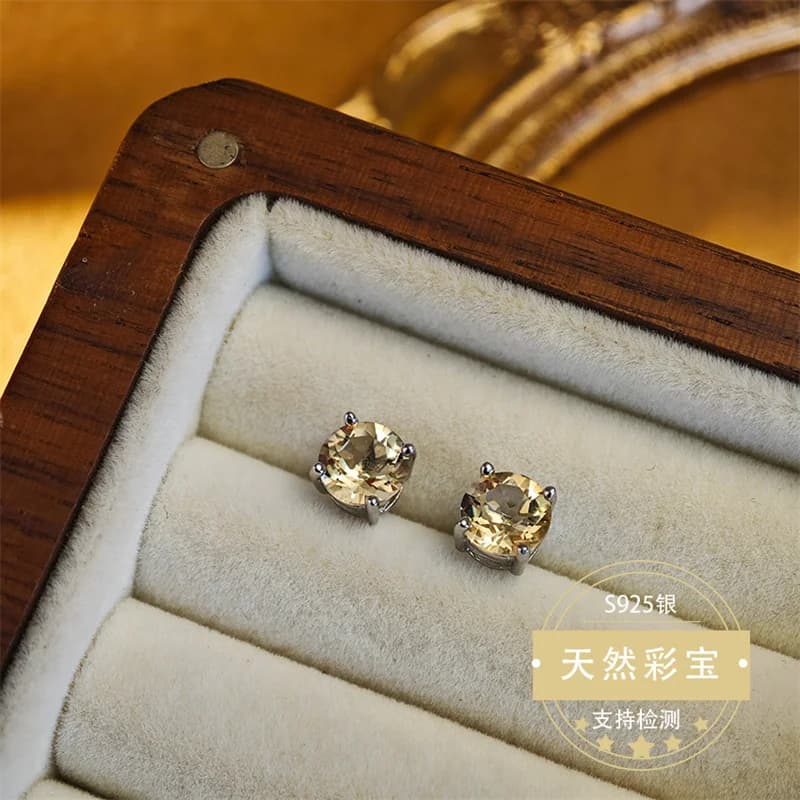 Orecchini a bottone in argento sterling 925 con citrino autentico per le donne Regalo di Natale Gioielleria raffinata con pietre preziose naturali Compleanno semplice