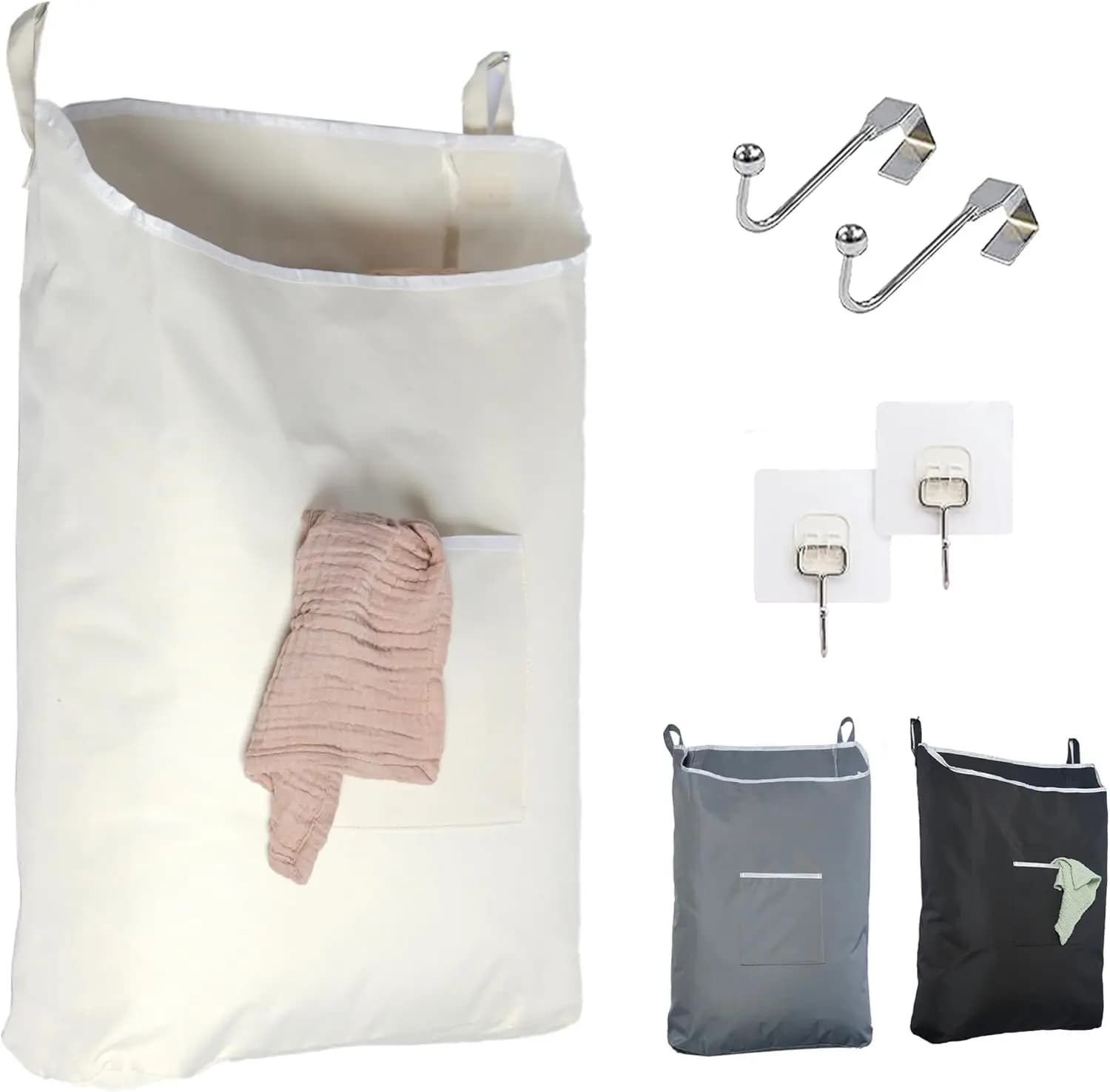 The Fine Living Co. Hanging Laundry Hamper with Over Door Hooks & Adhesive, Durable Space Saving Laundry Bag with Zipper and Wid