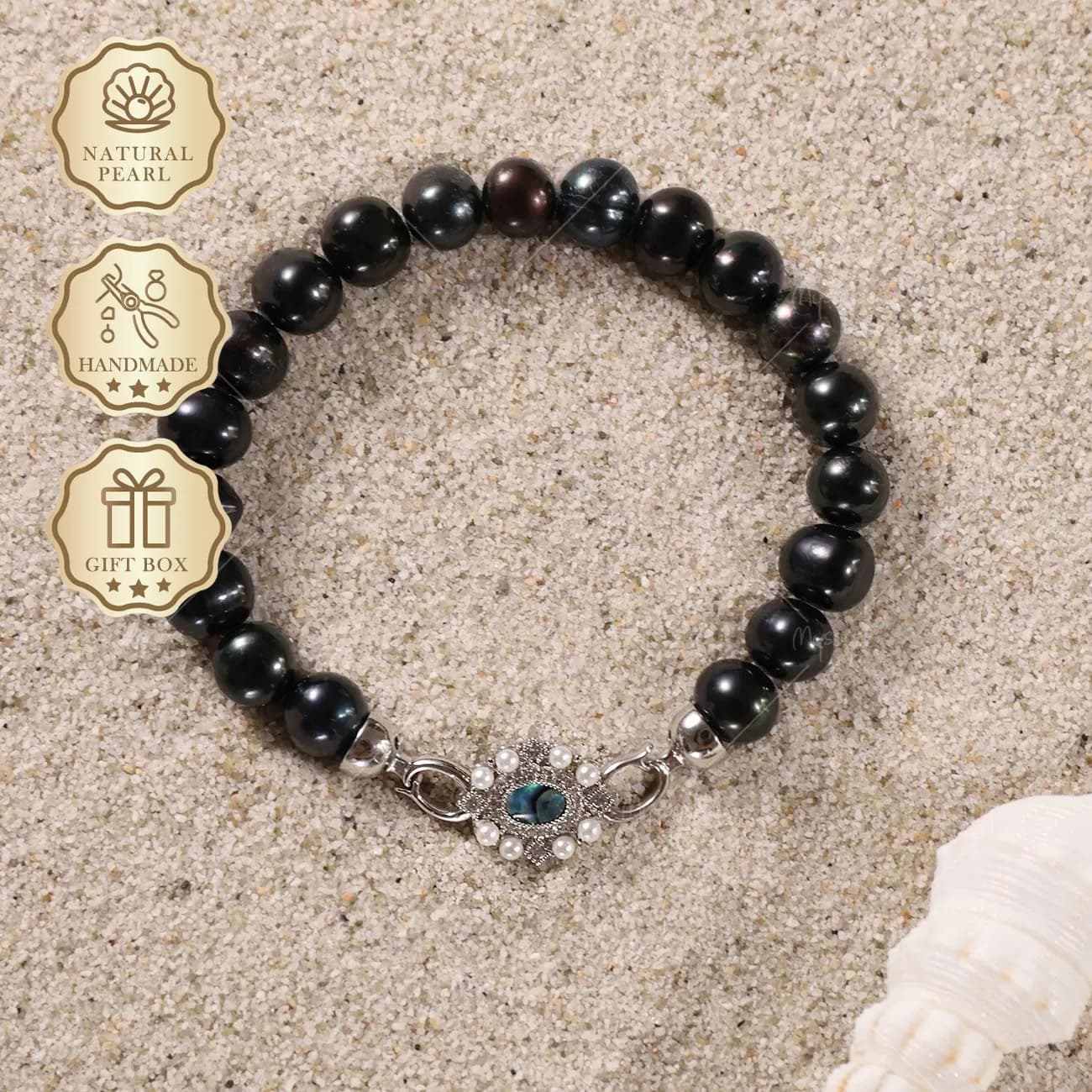 Bracciale Mysoya con perle d'acqua dolce nere da 8-9 mm, chiusura in madreperla con zirconi cubici argentati, confezione regalo, regalo di compleanno per San Valentino
