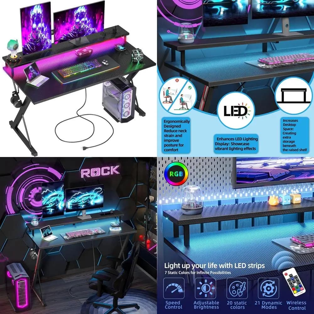 Scrivania da gioco con prese di corrente e LED Scrivania da gioco ergonomica con superficie in fibra di carbonio per computer da 40 pollici, supporto per monitor di grandi dimensioni, cuffie