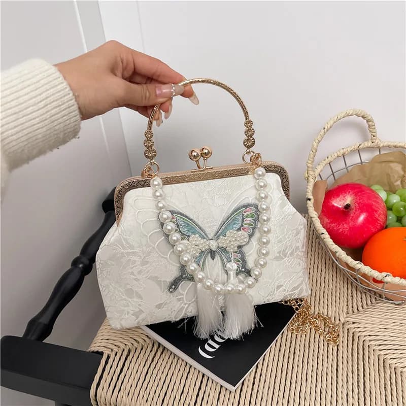 Chinese Style Butterfly Tassel Evening Bags For Women Retro Beige Black Charm Clutch Metal Handle Handbags Chain Shoulder Bag