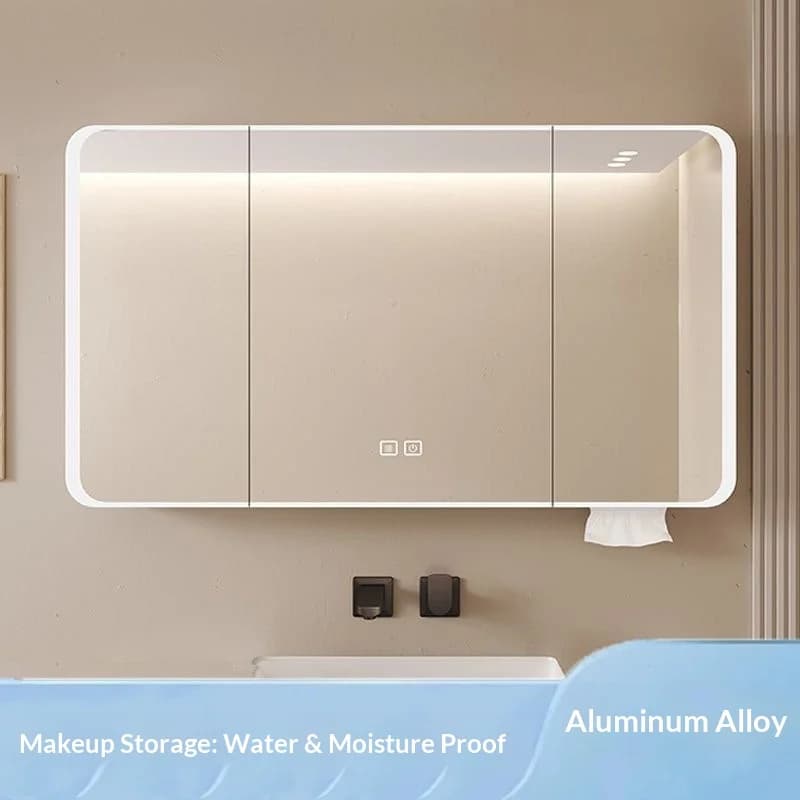Specchio da Bagno LED Intelligente con Armadietto, Montaggio a Parete, Antiappannamento, per Trucco e Conservazione, in Alluminio Aerospaziale, Rotondo e Spesso