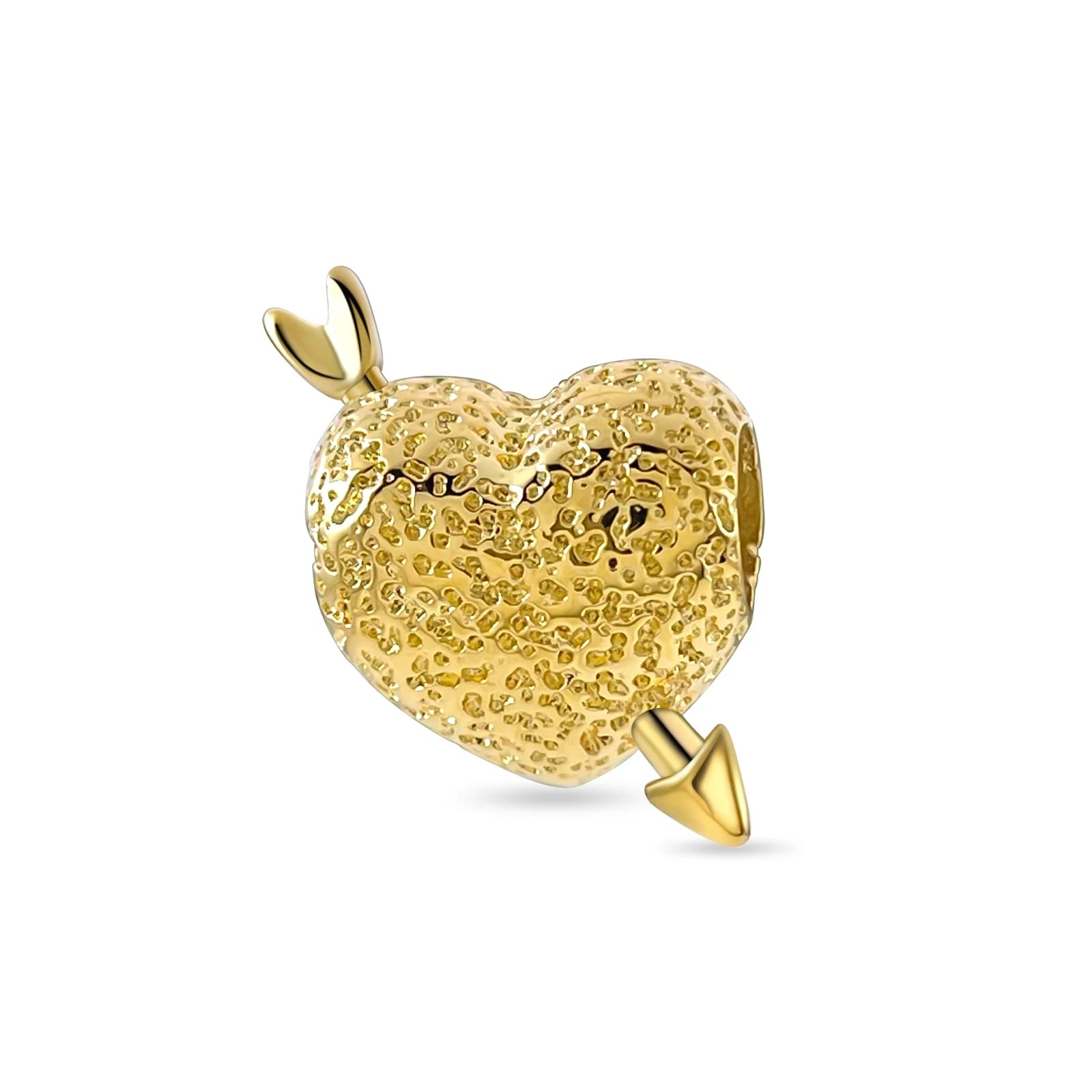 Ciondolo a Forma di Cuore Placcato Oro, Perla con Freccia di Cupido Attraverso un Cuore Texturizzato, Compatibile con Bracciali Europei, Regalo Romantico di Gioielleria d'Amore