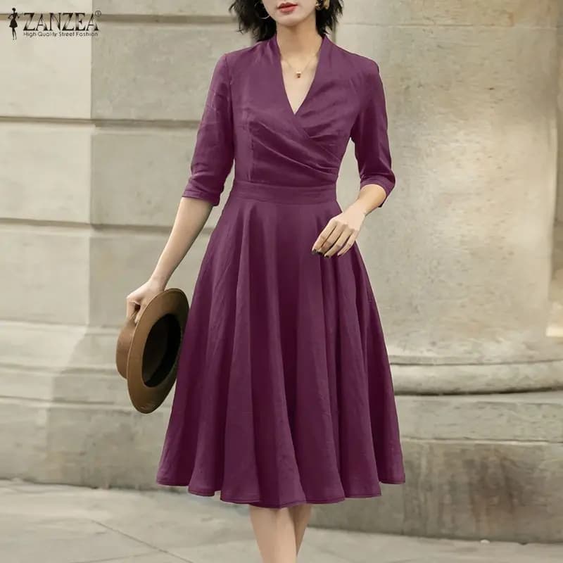ZANZEA 2026 Women's Office Mixed Dress, Stylish with V Neckline, 3/4 Sleeves, Line A Workwear with Life Signed, Party Dress
