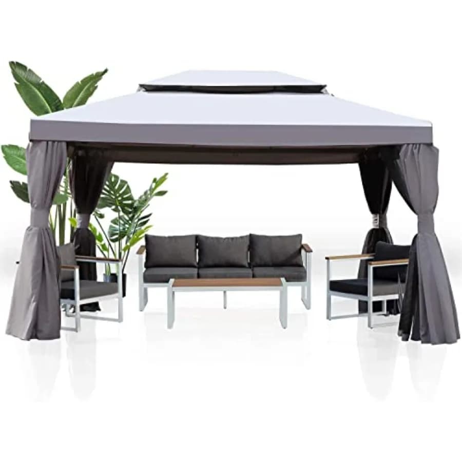 Gazebo da esterno 10x13 piedi, struttura in acciaio, beige, con zanzariera e tende regolabili per terrazza, cortile, giardino, prato