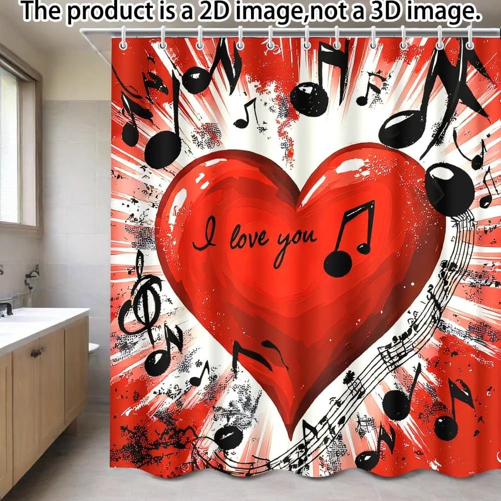 Tenda da doccia con cuore rosso, stampa con note musicali I Love You, decorazione artistica romantica per il bagno, tessuto in poliestere impermeabile con ganci