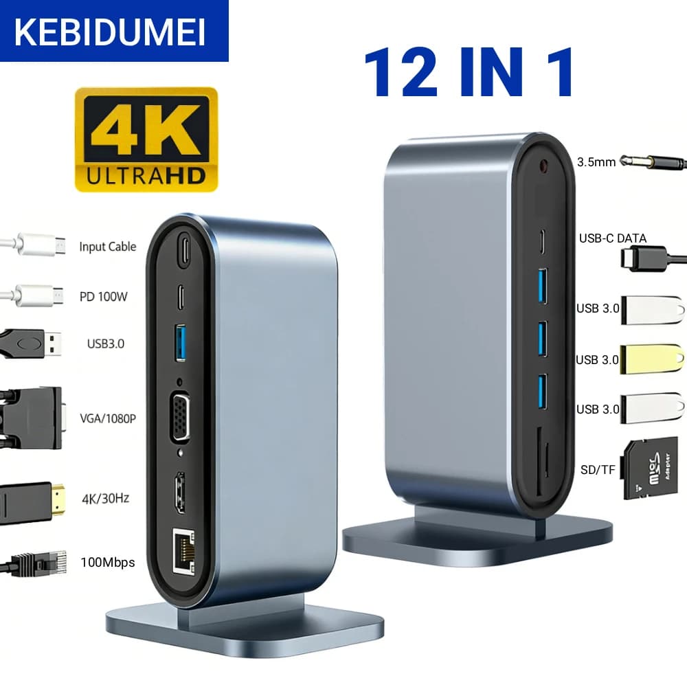 KEBIDUMEI Docking Station USB C 12 in 1, Adattatore da Tipo C a HDMI, USB 3.0, PD 100W, RJ45, SD, TF, Splitter USB per Laptop