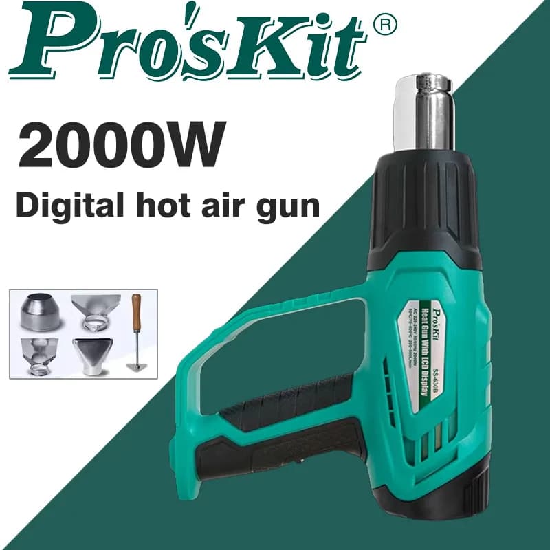 Pistola ad aria calda digitale Pro'skit SS-630G da 2000W, ad alta potenza, per uso industriale, per termoretraibili, asciugacapelli, per pellicole auto, utensile elettrico