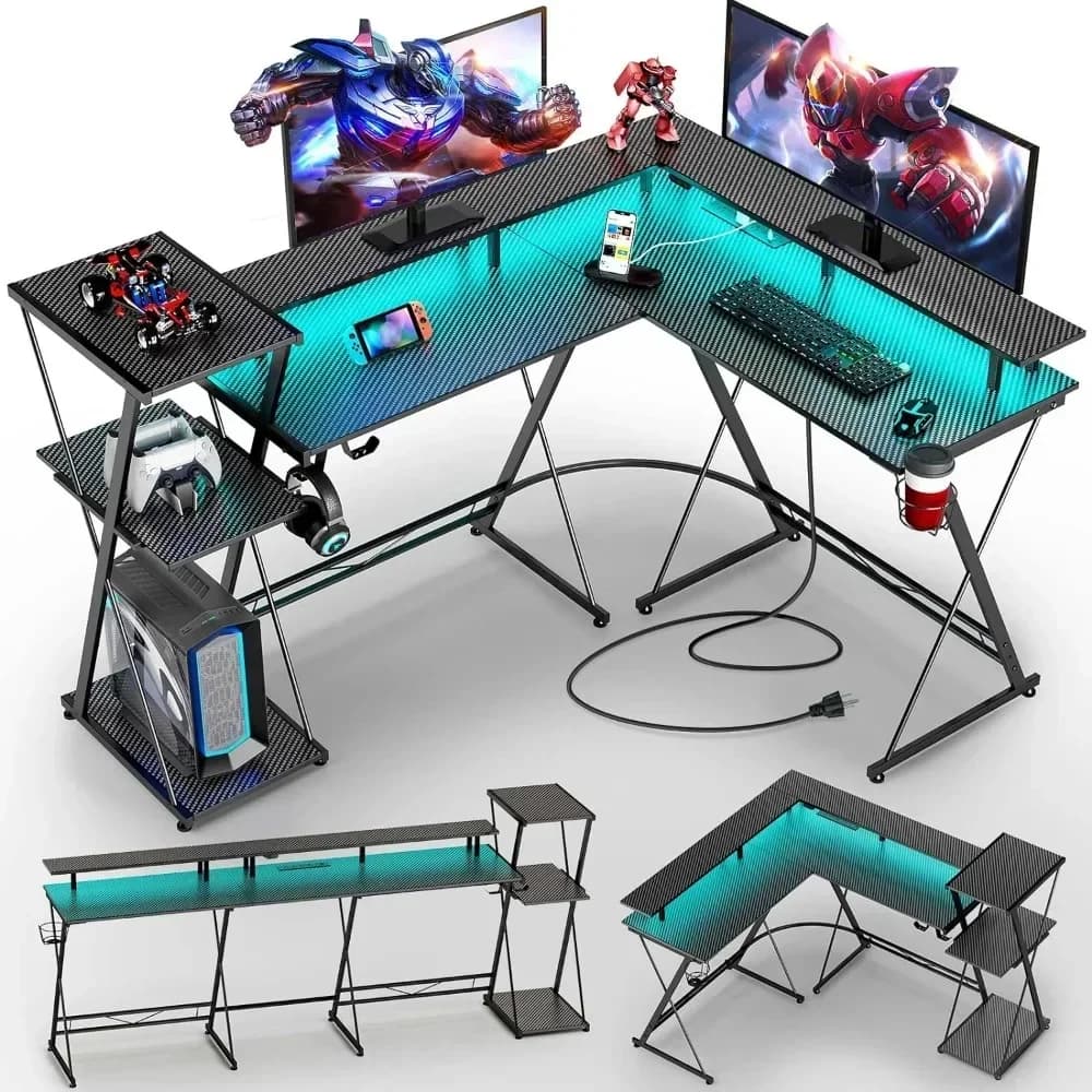 Scrivania da gioco a forma di L con luci LED e prese di corrente, scrivania per computer reversibile da 50 pollici con ripiano portaoggetti e supporto per monitor