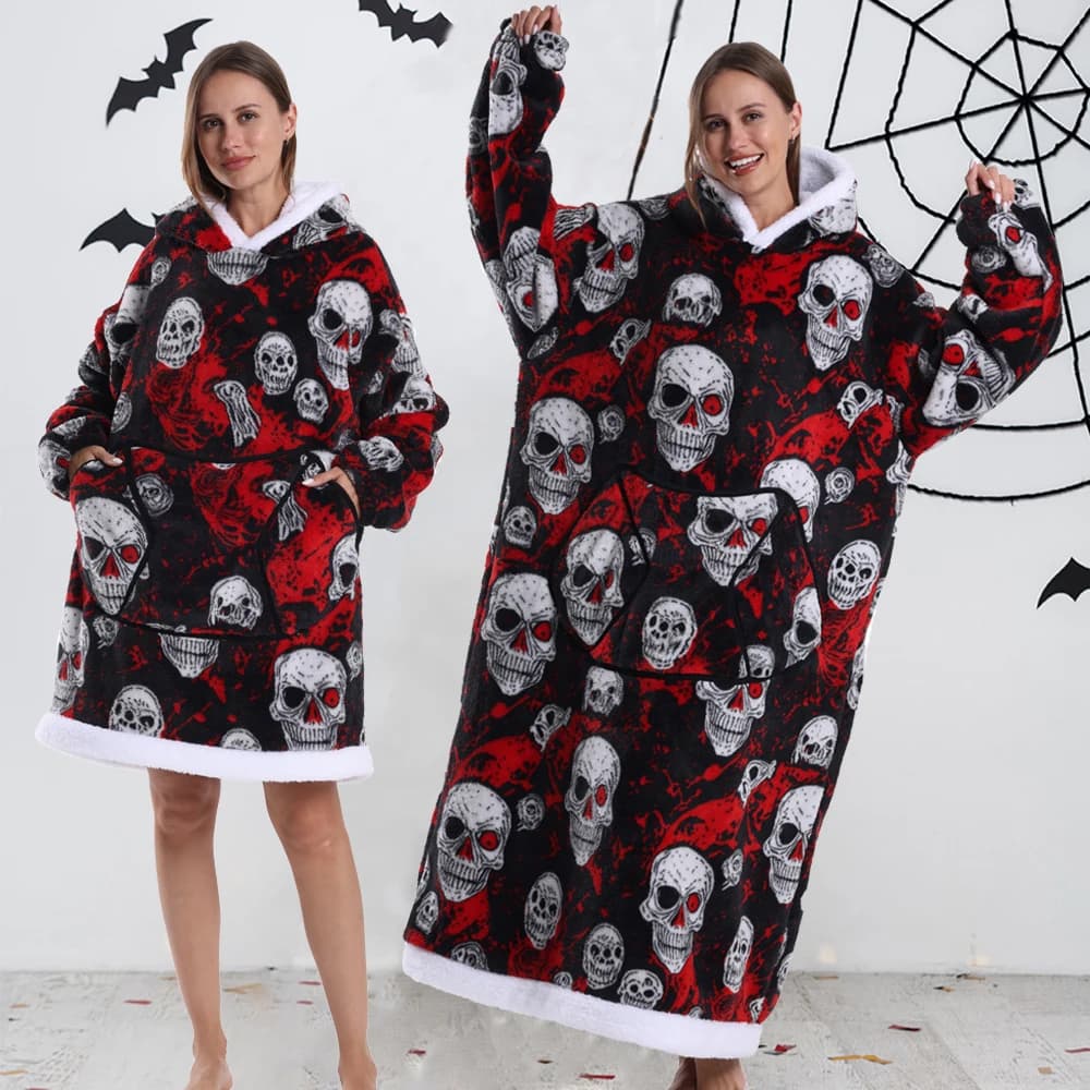 Coperta con cappuccio corta/lunga per adulti Coperta invernale morbida addensata calda indossabile con cappuccio con maniche Pigiama di Halloween per coppie