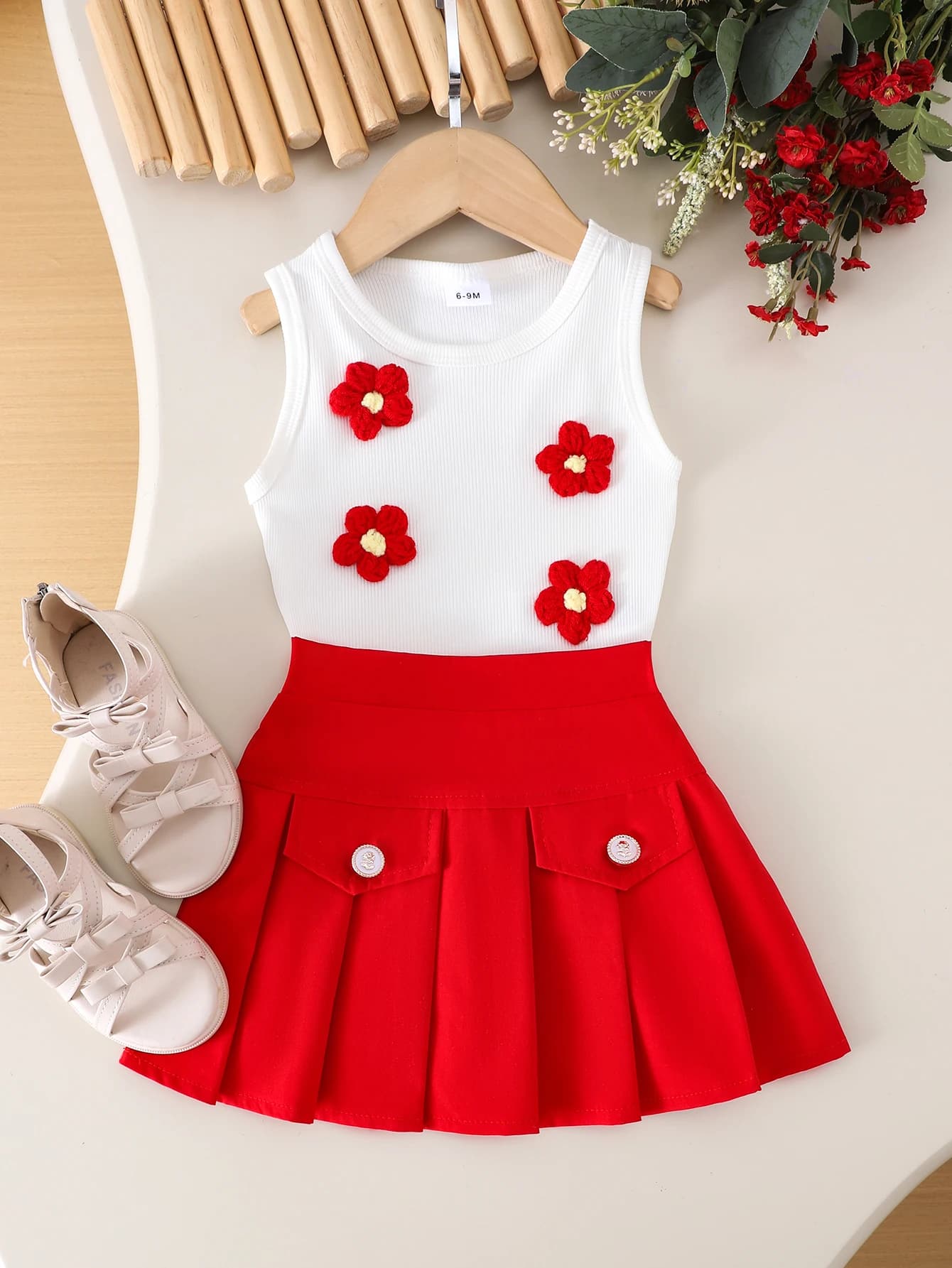 Cross-border Summer New Style Girls 1-3 Years Old Comfortable and Cute White Vest + Red Skirt