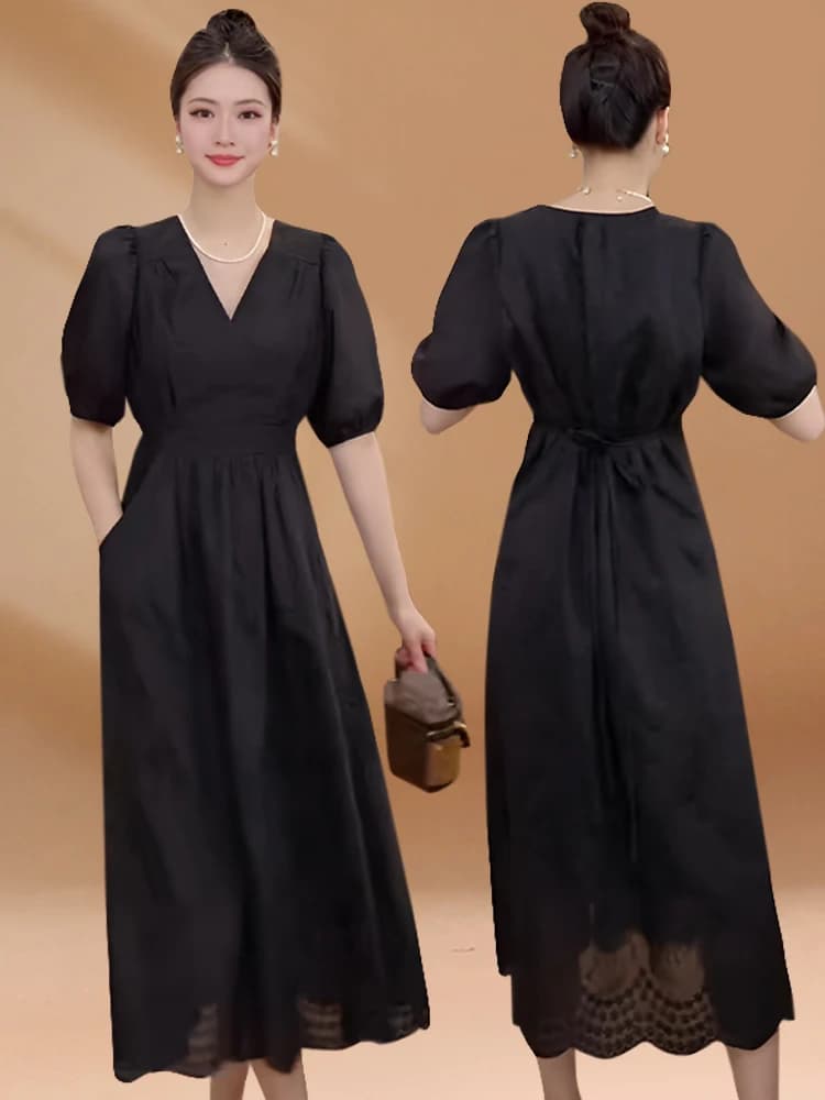 Elegant High-Waisted A-Line Dress Summer 2024 Korean Style Tea Break Beautiful Waist-Cinching Midi Skirt Fashionable Youthful