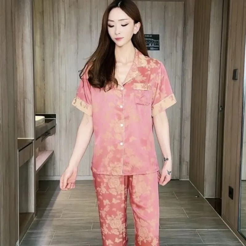 Summer Pajamas Sets Women's Chinese Style Short Sleeve Print Sleepwear Pants 2 Piece Thin Fashion Silk Cloth Chiffon Loungewear