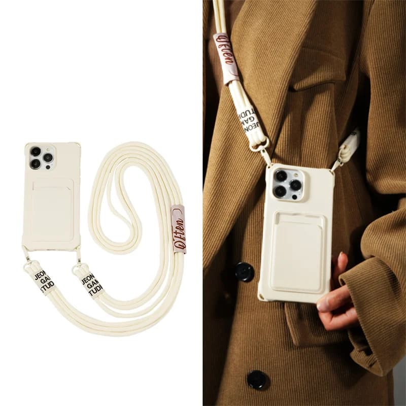 Case with strap for iPhone 16 15 14 12 11 Pro Max 13 Mini XS X 8 7 Plus Drawstring case for shoulder necklace with slot for shockproof silicone cards