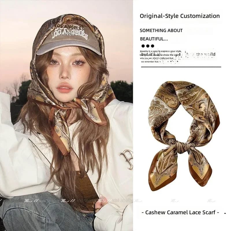 2026 Lao Qian Feng Coffee Color Cashew Nut Silk Scarf Headscarf Versatile Neck Square Scarf Premium Female Foreign Style
