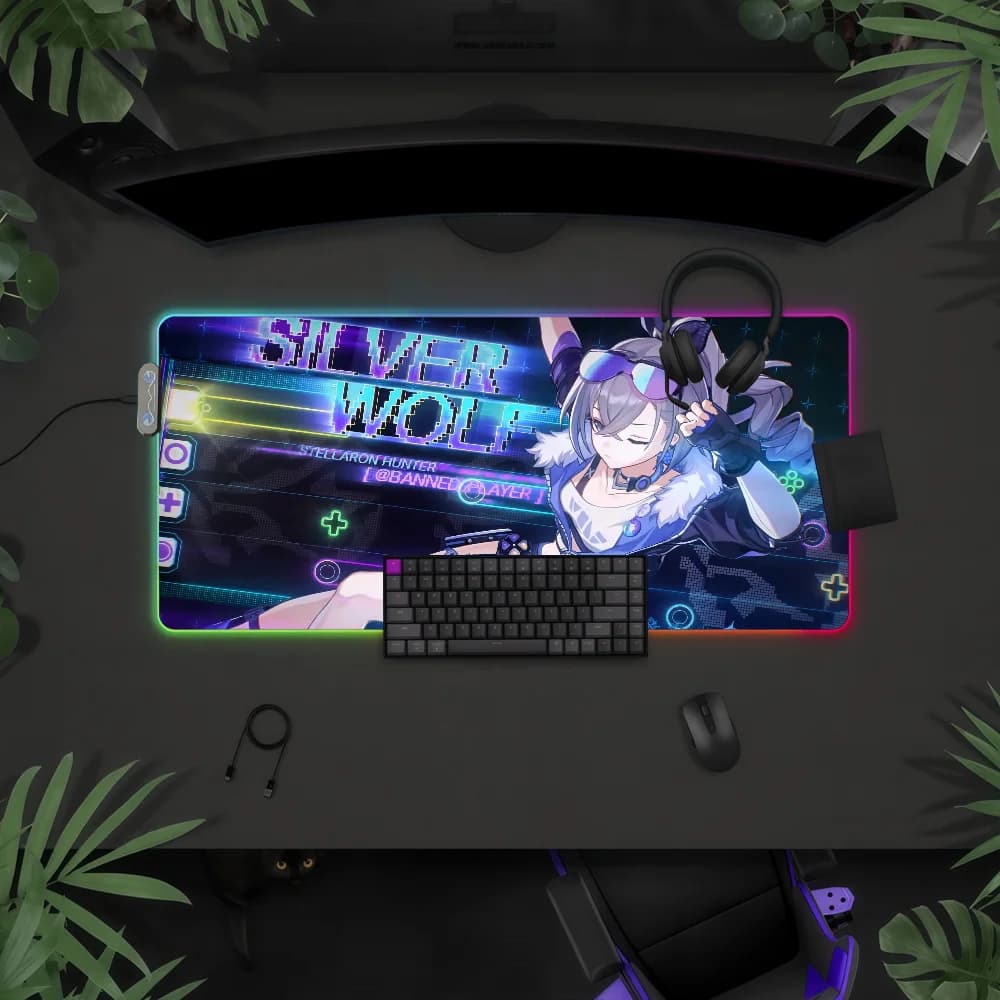 Tappetino per Mouse RGB LED Silver Wolf Honkai Star Rail, Copertura Antiscivolo per Tastiera da Gioco, Superficie Impermeabile