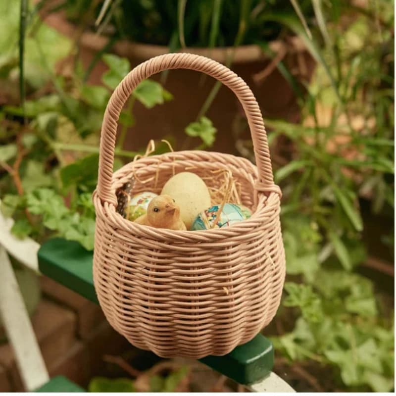 Hand woven rattan object basket, genuine rattan tote bag with toy handles, linen, home decoration, portable and ecological