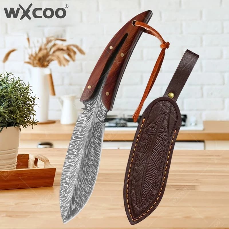 WXCOO Stainless Steel Boning Knife Butcher Forged Meat Cleaver with Sheath Professional Kitchen Feather Pattern Knives
