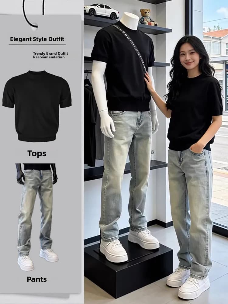 Retro Blue High Street Slim Fit Jeans Short Sleeve Set Summer Trendy Straight Leg Bell Bottoms for Teenage Boys Fashionable C...
