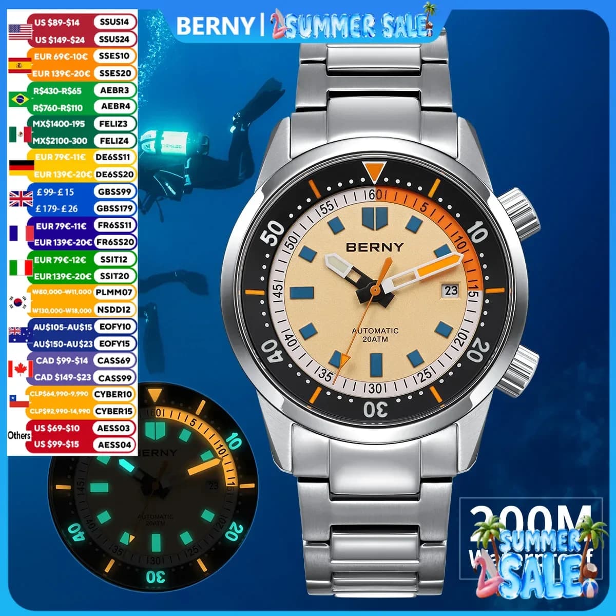 BERNY Orologi subacquei automatici da uomo 20ATM Orologio subacqueo meccanico super luminoso da uomo con zaffiro in acciaio inossidabile completo