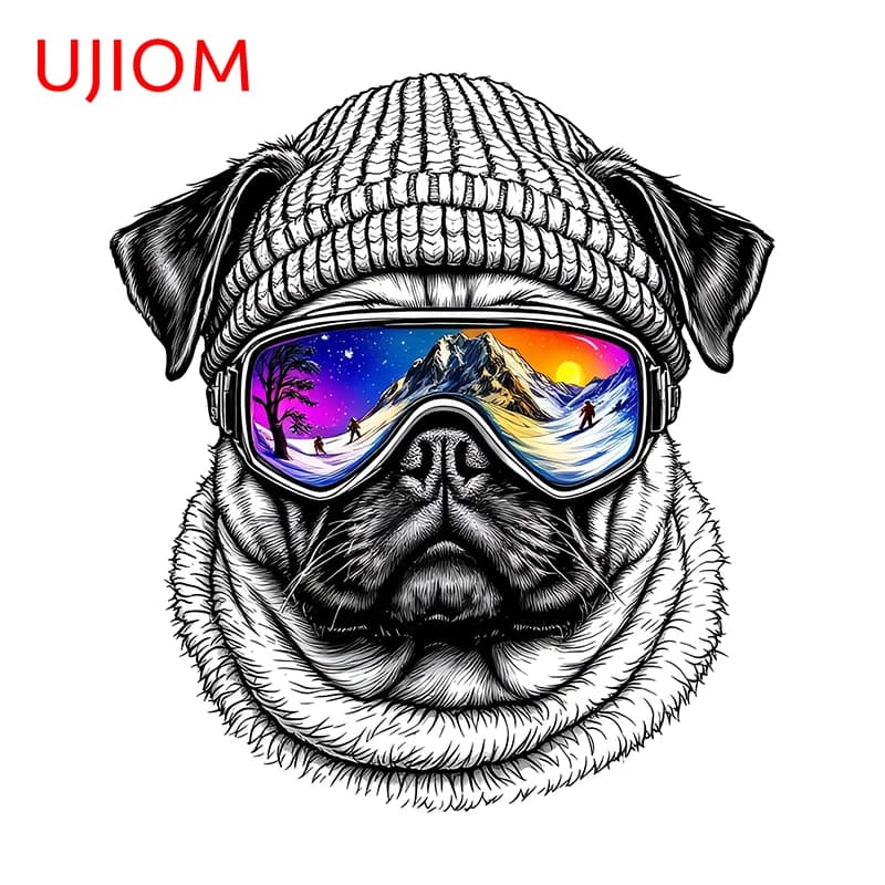 UJIOM Adesivo da Parete con Cane Pug e Occhiali da Sci, Disegno a Matita, Fermalampo, Decorazione Audace per Armadietto da Cucina