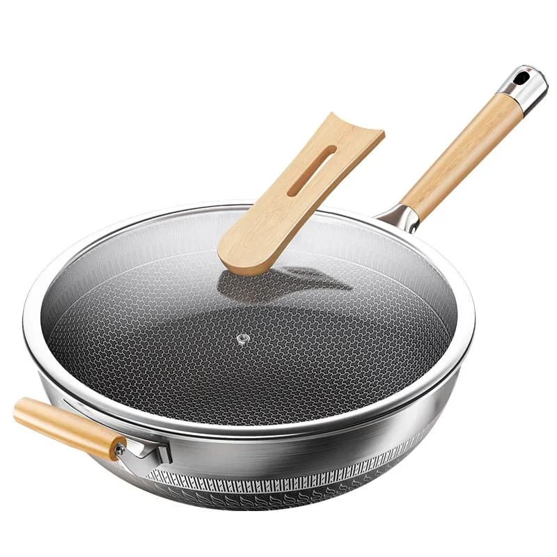 New frying pan household double-sided screen stainless steel wok honeycomb non-stick pan universal stove wok wholesale