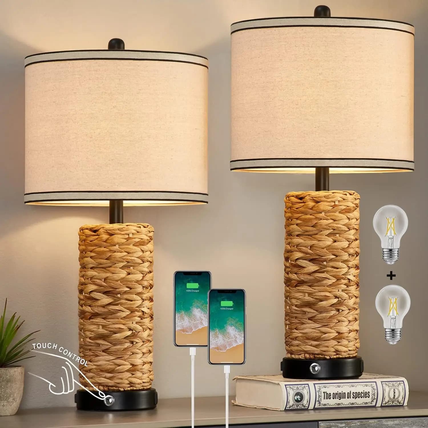 Set di 2 Lampade da Tavolo in Rattan, Dimmerabili con Controllo Touch, Porte USB e Presa AC, Paralume in Lino Naturale, Lampadine Incluse