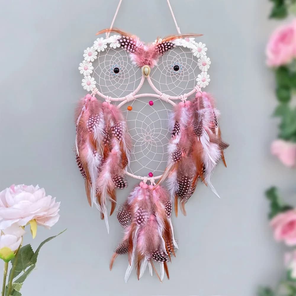 Iron Owl Dreamcatcher 22.05*8.66in Pink Pink Dream Catcher Flower Accent Owl Wall Hanging Ornament Bedroom Decor