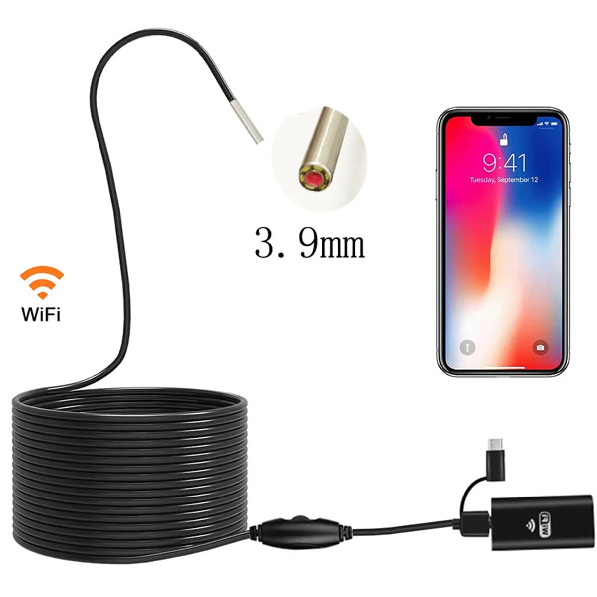 Endoscopio Industriale WIFI/USB da 3,9 mm per Android OTG, Boroscopio CMOS, Otoscopio per Ispezione, Microscopio Digitale