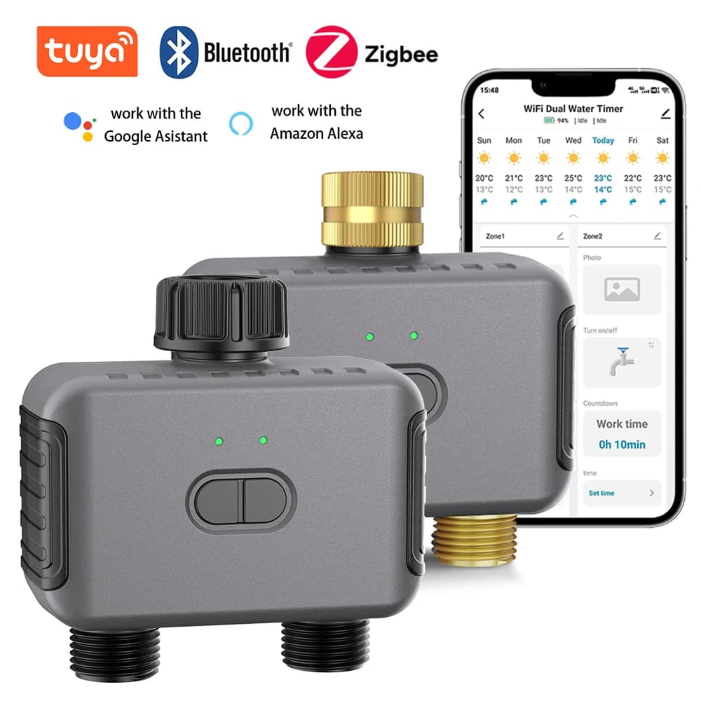 Tuya Smart Dual Water Timer Bluetooth/Zigbee Timer per irrigazione Controller per irrigazione a goccia da giardino esterno Programmatore di ritardo pioggia