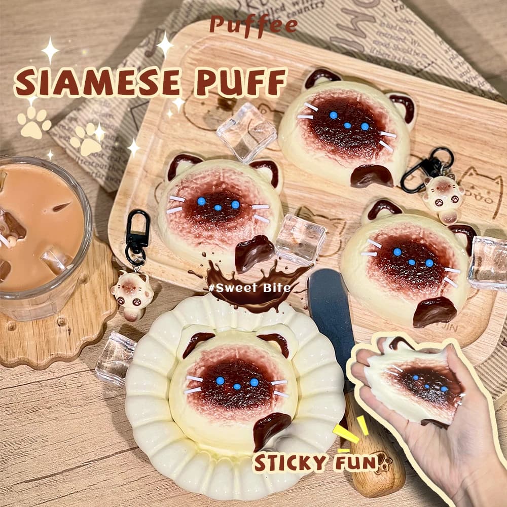 1pc Siamese Puff Food-grade Silicone Squishy Toy, Creamy Soft Adhesive Toy, Taba Squishy, Happy Game Pinching Dessert Toy, Cat Kitty