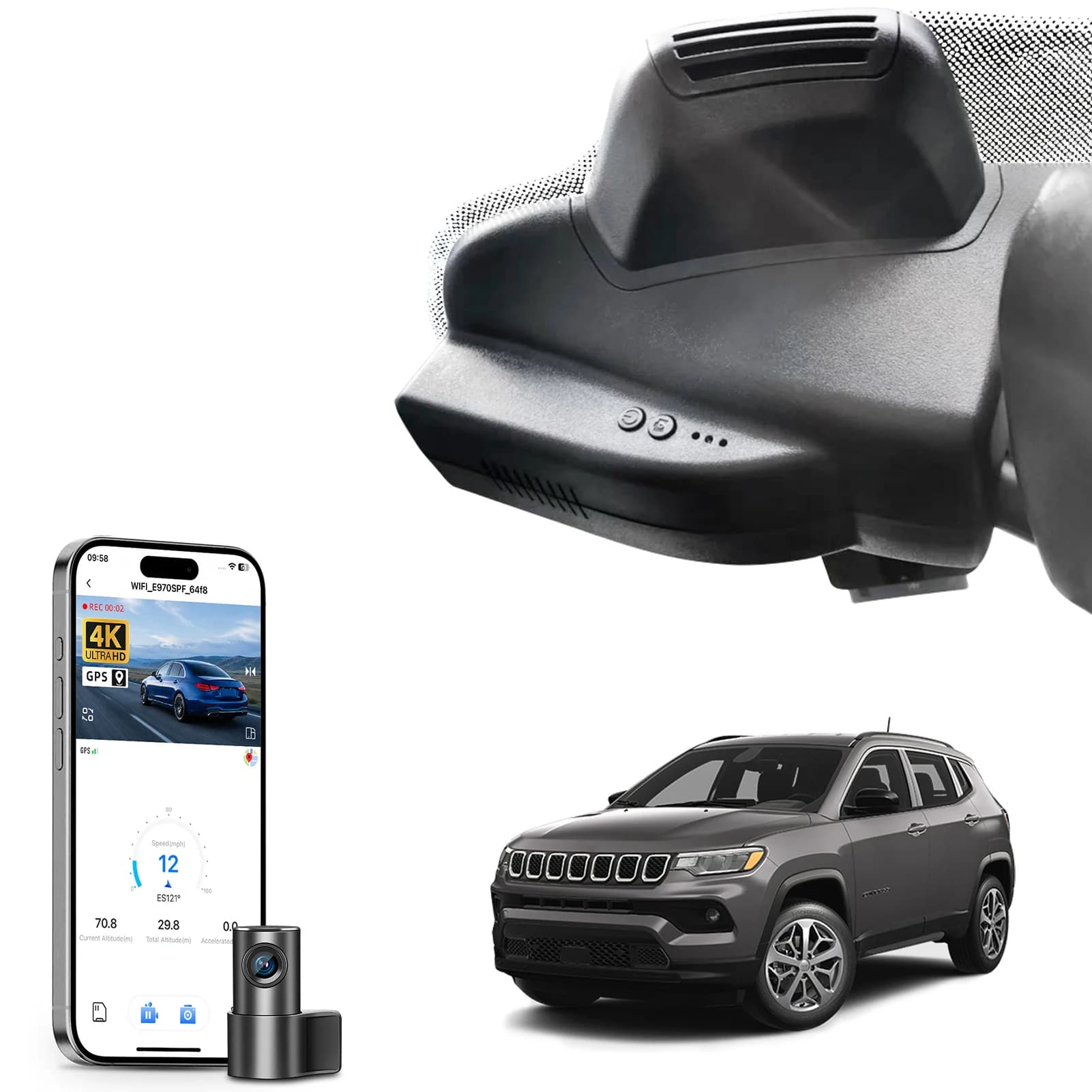 Mangoal 4K Car DVR Dash Cam per Jeep Compass 2a Gen, Registratore Telecamera 2017-2026, Visione Notturna HD, GPS, WiFi, APP