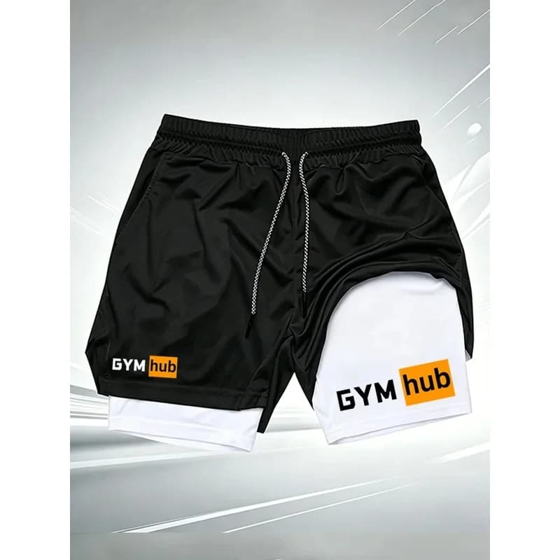 Men's GYM hub 2 in 1 Double Layer Gym Shorts Quick Dry Compression Liner Athletic Running Workout Casual Sports Short Pants-286