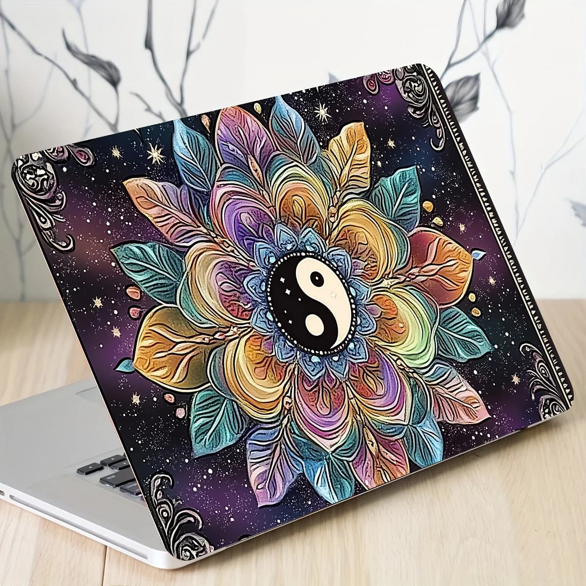Two Yin and Yang Floral Design Laptop Art Sticker Set for laptops that cannot be reused. Laptop Skin Stickers are waterproof