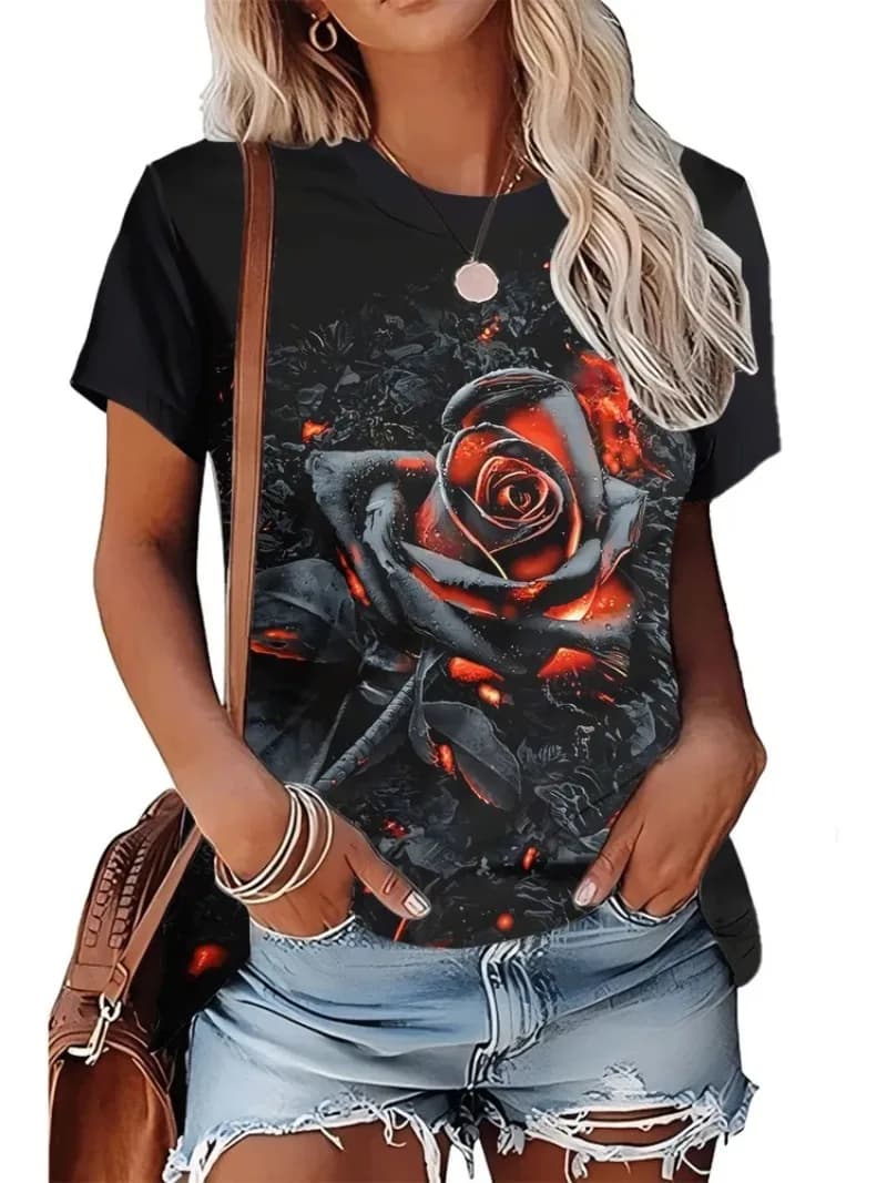 T-shirt da donna nera con stampa Fire Rose, top estivo casual con scollo rotondo e maniche corte