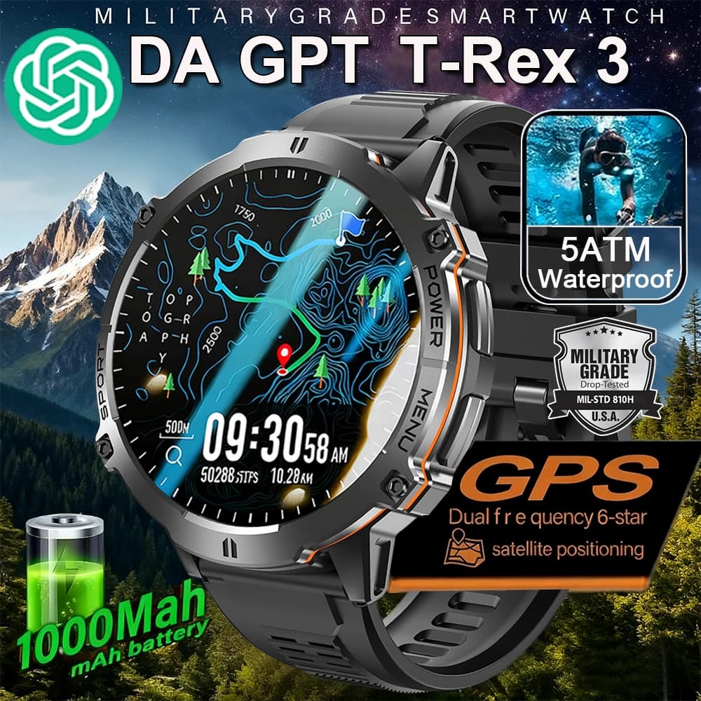 2025 Nuovo Militare TREX3 1000mAh Batteria Astuto Della Vigilanza Schermo da 1.73 pollici 10ATM GPS Impermeabile Alltimetro Chiamata Bluetooth Uomini Smartwatc