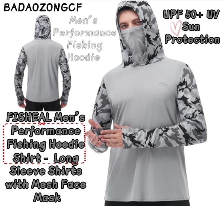 FISHEAL Men's Performance Fishing Hoodie Shirt - UPF 50+ UV Sun Protection Long Sleeve Shirts with Mesh Face Mask