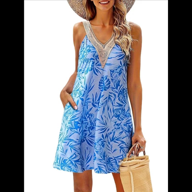 ABRT-Vestiti estivi da donna Prendisole da spiaggia in pizzo con scollo a V Abito corto senza maniche con stampa tropicale casual
