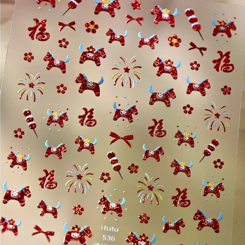 Adesivi per unghie del Capodanno con tema Cavallo, cartoni animati, pony rosso, gatto portafortuna, decorazioni fai da te per manicure