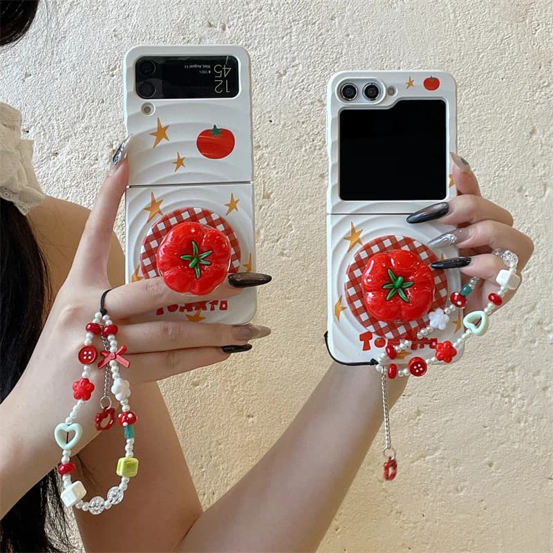 Custodia Magnetica Kawaii Tomato Stand per Samsung Galaxy Z Flip 7 6 5 4 3 Flip6 Flip7 con Magsafe Grip Tok e Catena