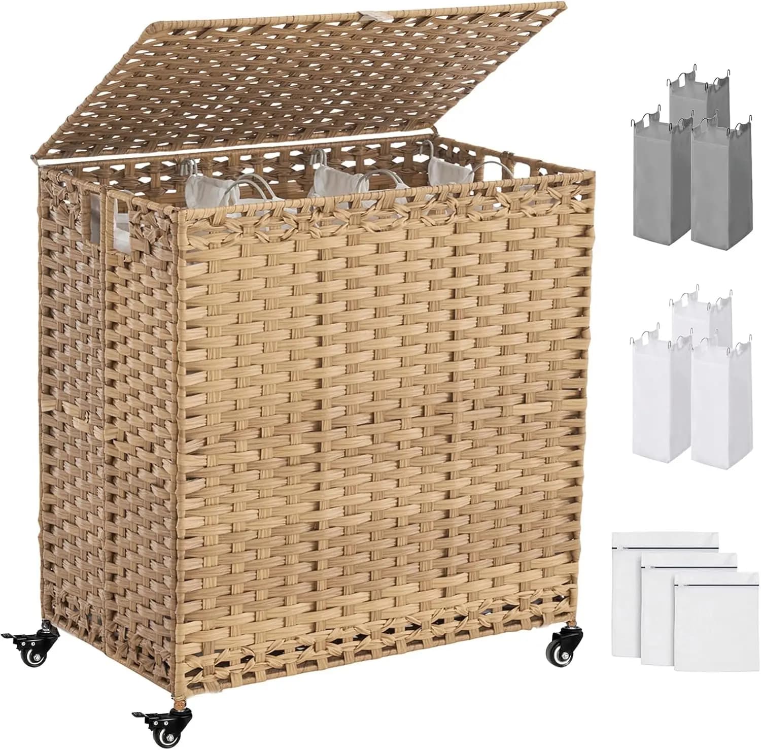 Basket for Bucato with Wheels of 50,2 Gallons, Cover, 3 Parts, Design in Rattan Hand-woven, Includes Removable Lining and Net Bags